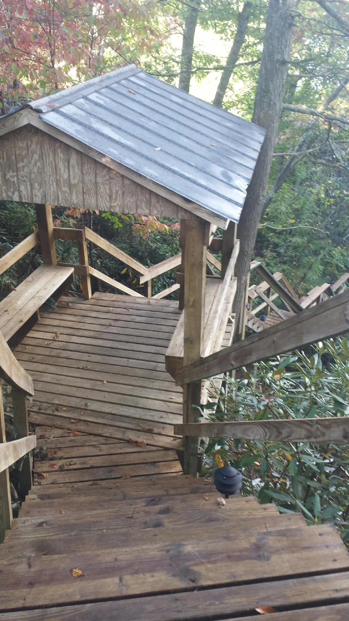 Metal roofed shelter over wooden steps on a wooded walkway — Skylight Repair & Installation work by our crew in Luke